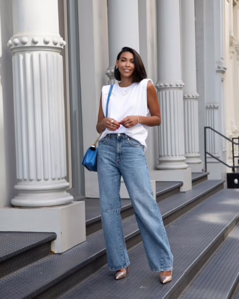 Black Bodysuit with Baggy Jeans + Slingback Pumps 